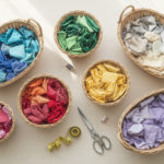 Colorful fabric scraps organized in baskets ready for small sewing projects
