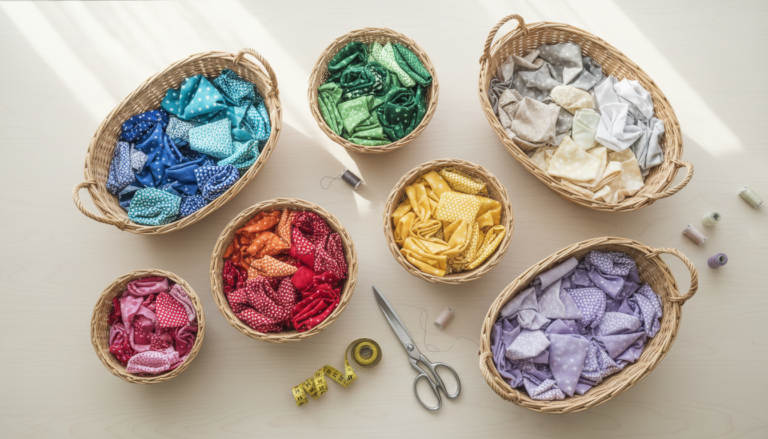 Colorful fabric scraps organized in baskets ready for small sewing projects