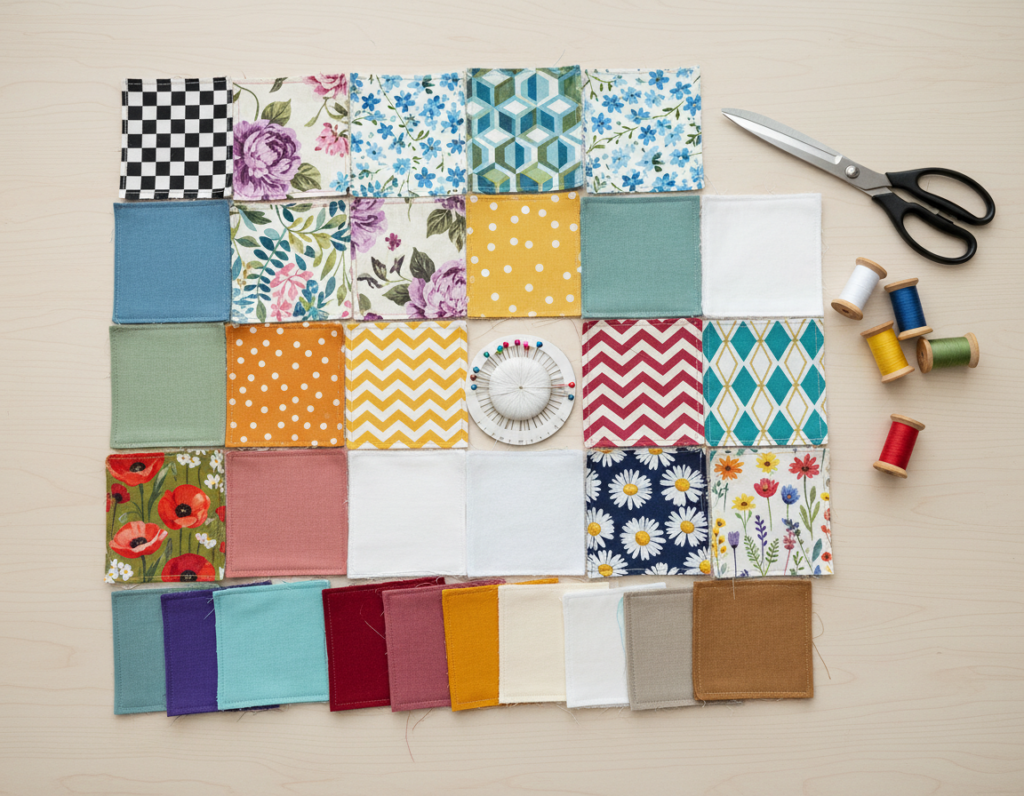 Colorful fabric squares and batting pieces ready for making coasters