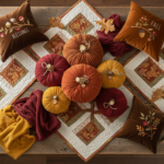 Colorful fall sewing projects displayed on rustic wooden table with autumn leaves