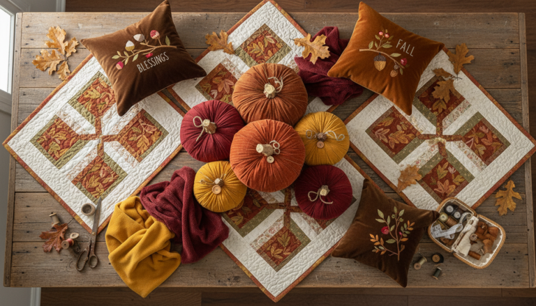 Colorful fall sewing projects displayed on rustic wooden table with autumn leaves
