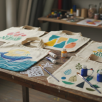 Colorful painted tote bags displayed on a wooden table with painting supplies