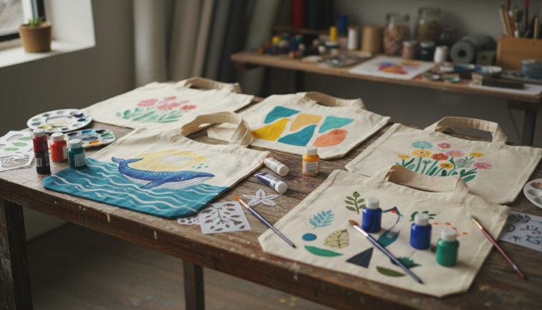 Colorful painted tote bags displayed on a wooden table with painting supplies