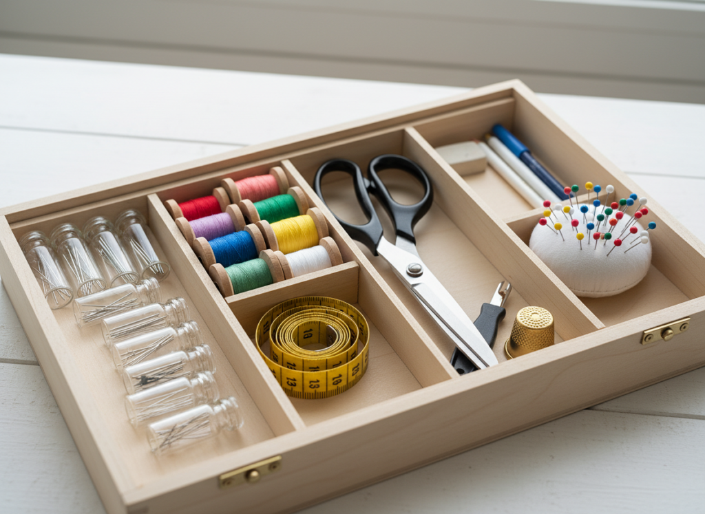 Complete beginner sewing kit with needles, thread, scissors, and measuring tools laid out neatly