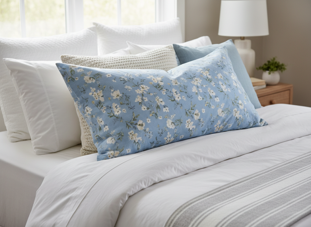 Completed hand-sewn pillowcase on bed with decorative styling