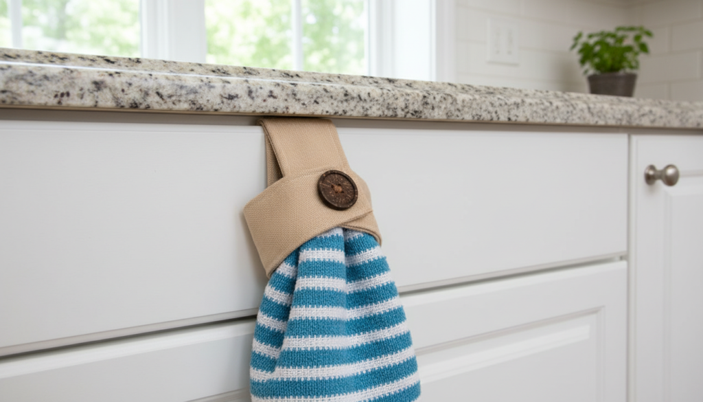 Completed hanging towel holder attached to kitchen cabinet with towel
