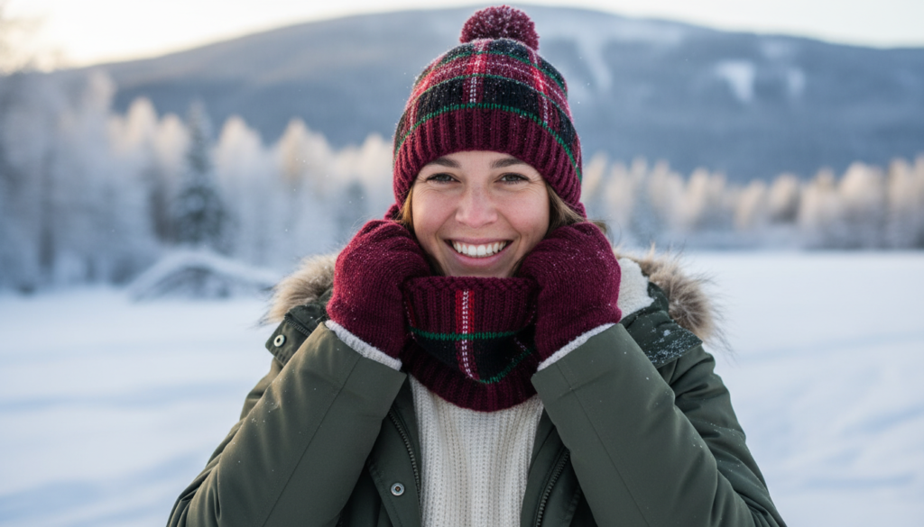 Completed neck cowl being worn in winter setting