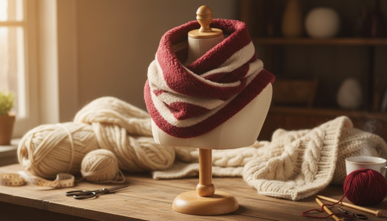 Cozy fleece neck cowl wrapped around mannequin in warm winter setting
