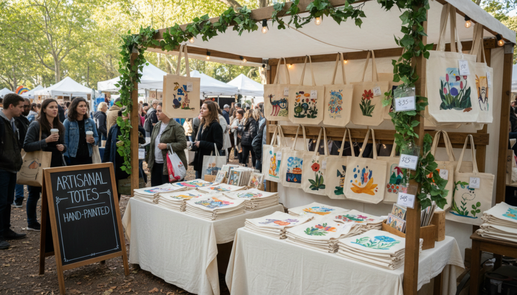 Craft market booth displaying painted tote bags with price tags