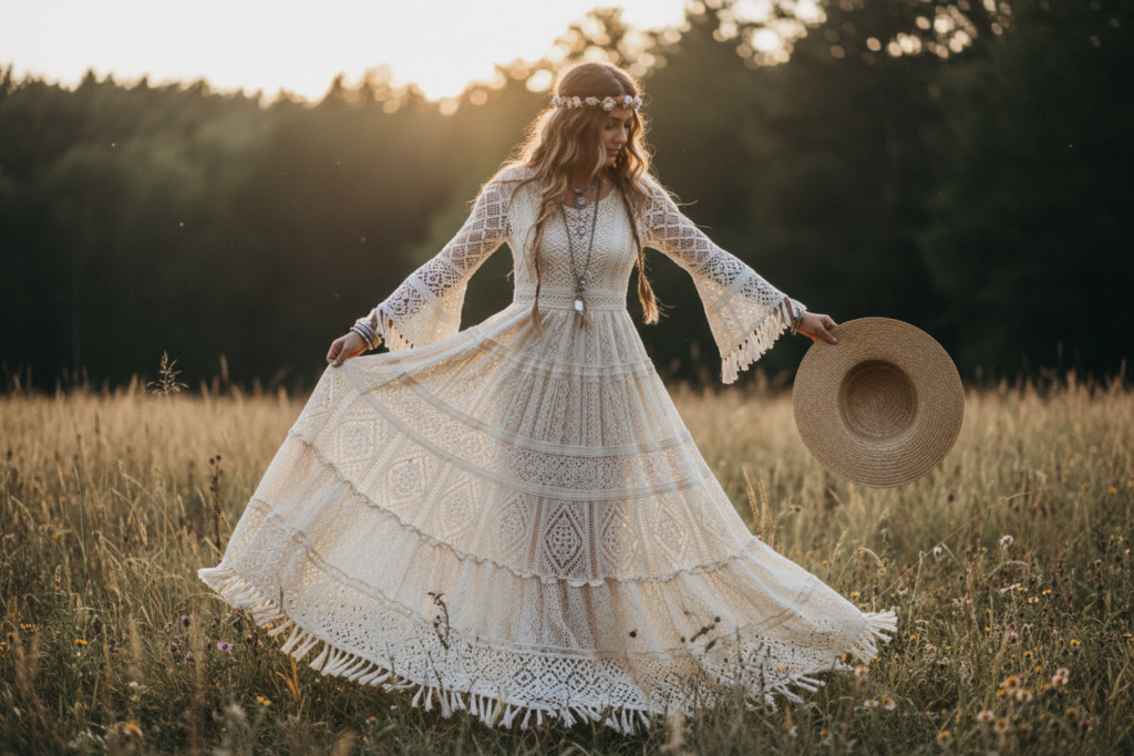 Cream colored bohemian maxi crochet dress with bell sleeves