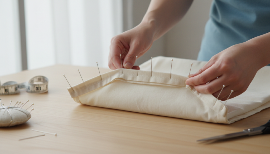 Creating hem at pillowcase opening with folded edges pinned