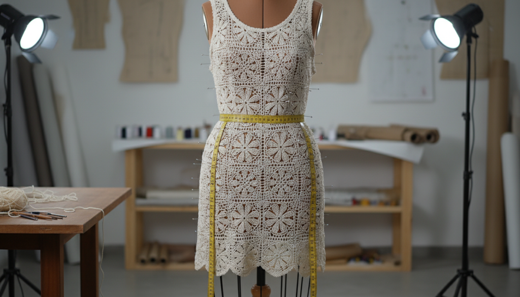 Crochet dress being fitted on dress form with pins marking adjustments