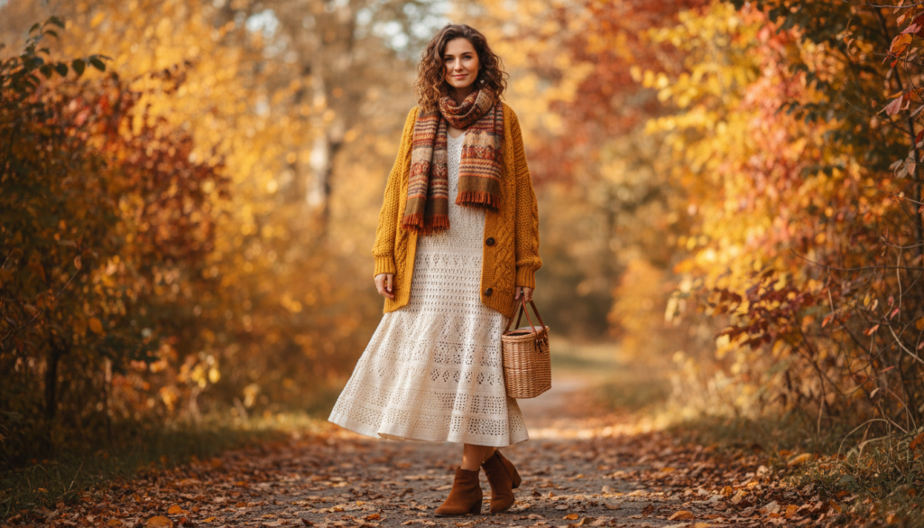 Crochet dress layered with cardigan and boots for fall styling