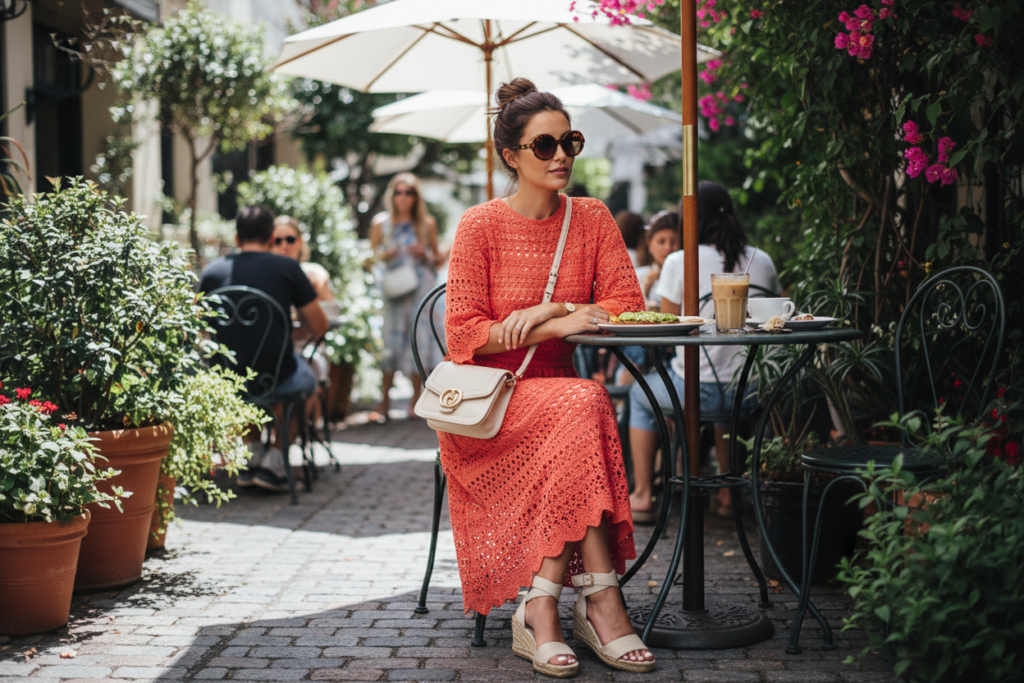 Crochet dress styled for casual summer brunch with accessories