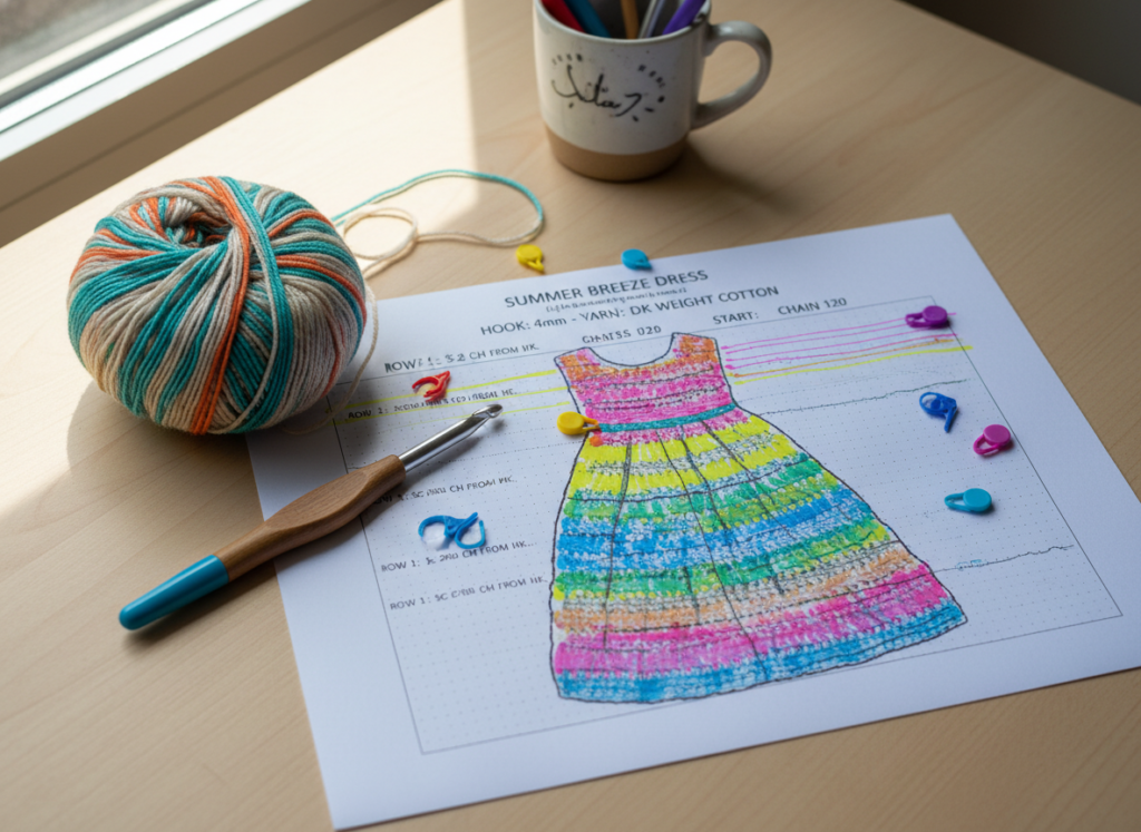 Crochet pattern paper with highlighted sections showing abbreviations and instructions