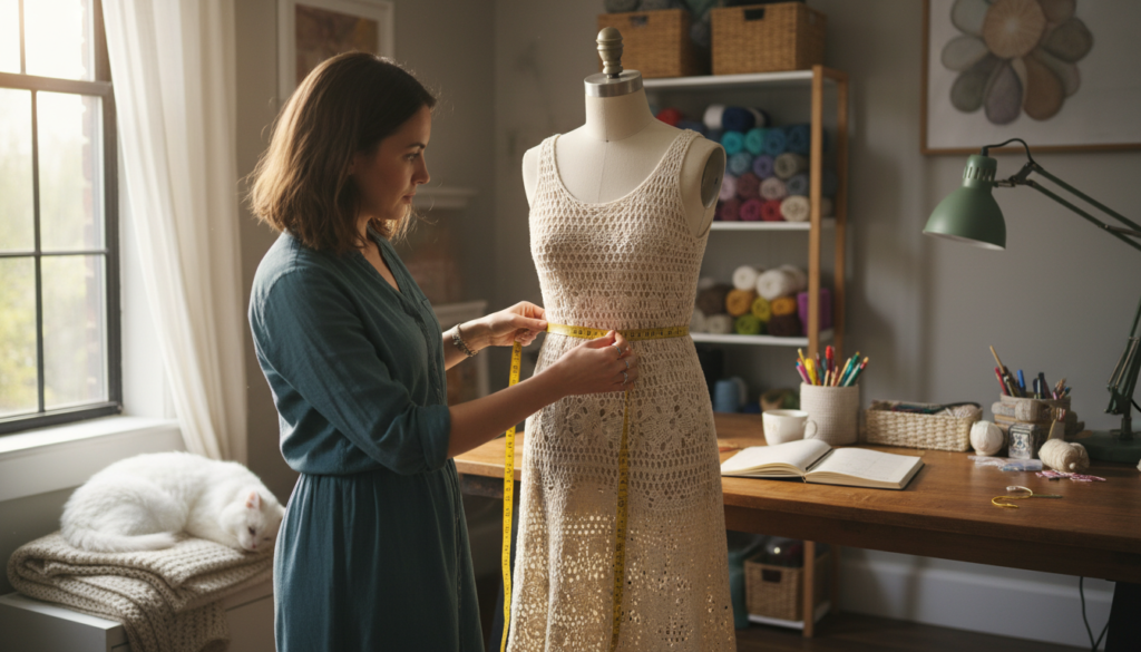 Crocheter measuring work in progress dress on dress form