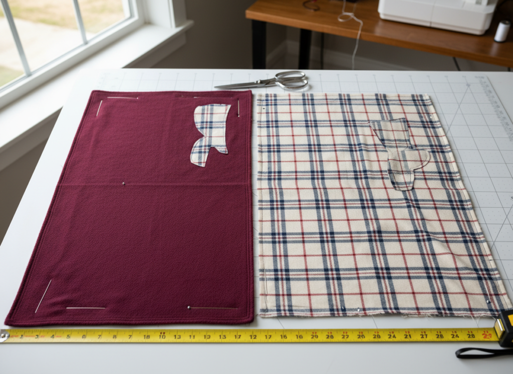 Cut fabric pieces laid out showing fleece and flannel layers