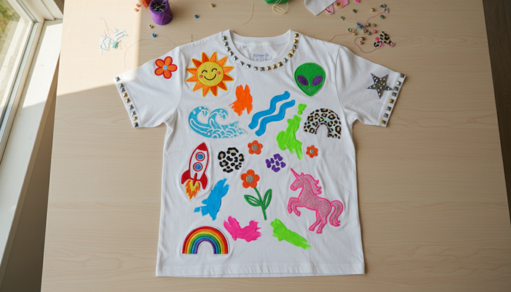 DIY clothing hacks showing embellishment techniques on plain white shirt