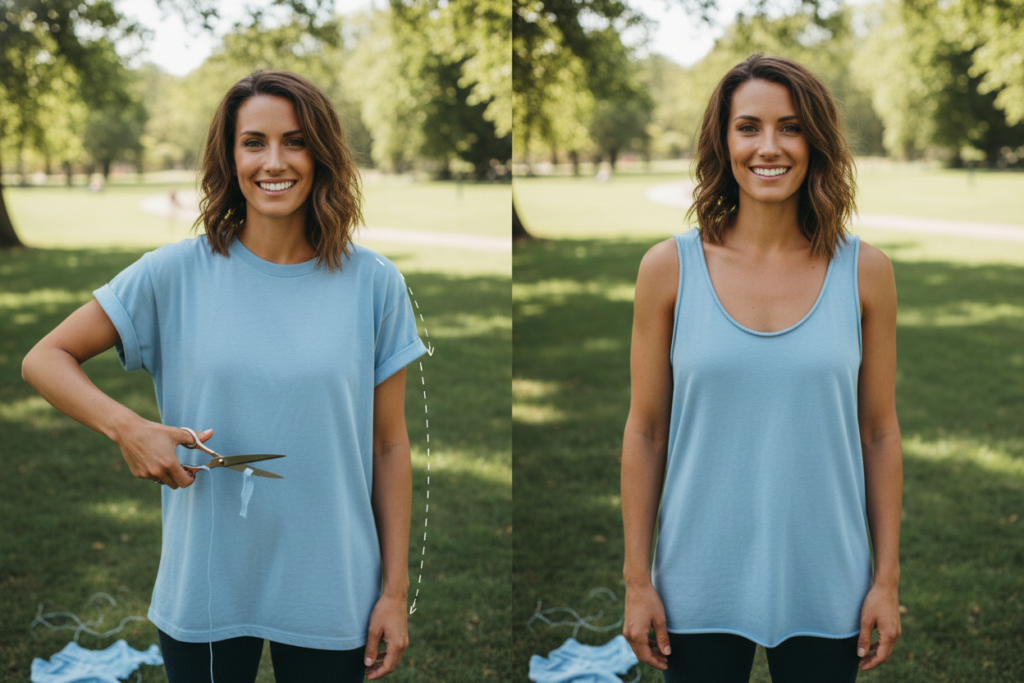 DIY tank top created from t-shirt showing sleeve removal technique