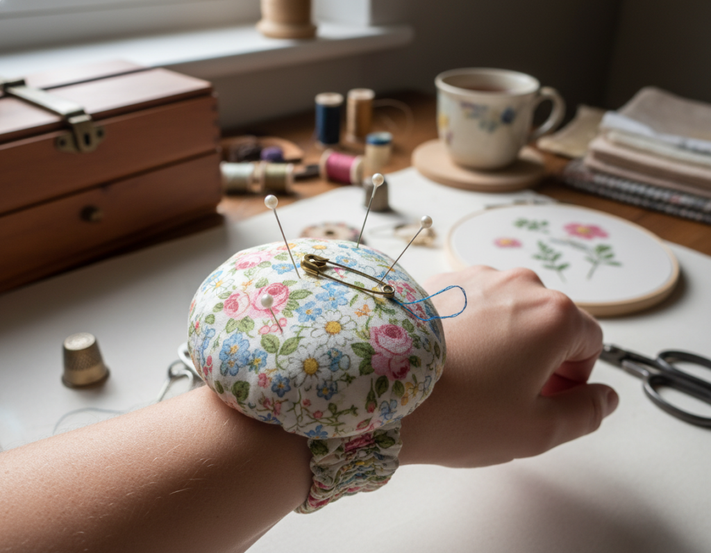 DIY wrist pincushion with floral fabric and elastic band