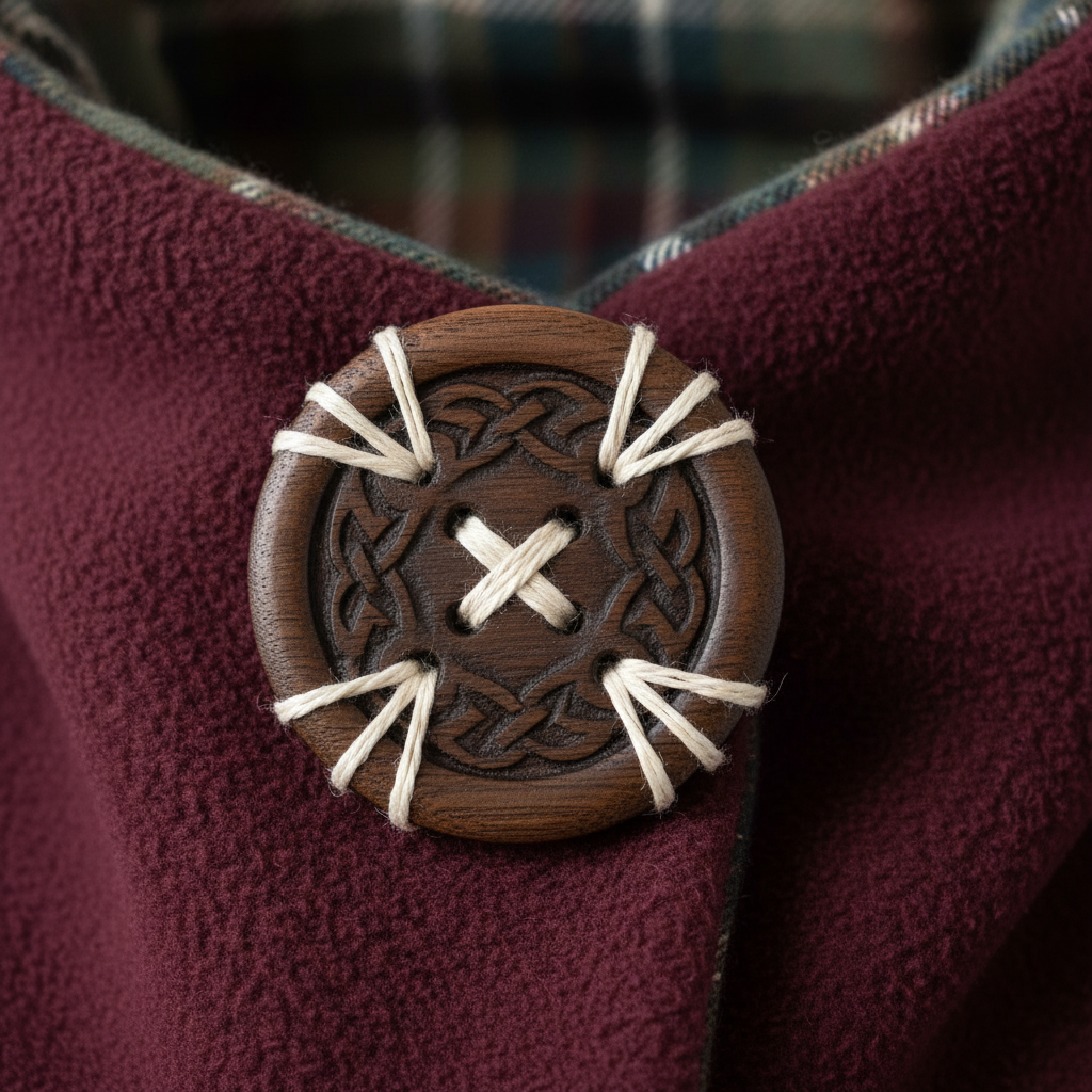 Decorative button sewn onto fleece neck cowl