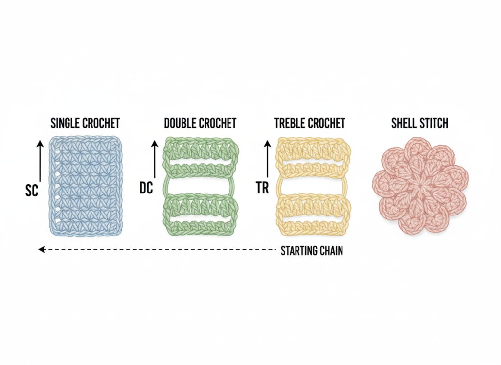 Detailed diagram showing different crochet stitch types used in dress patterns