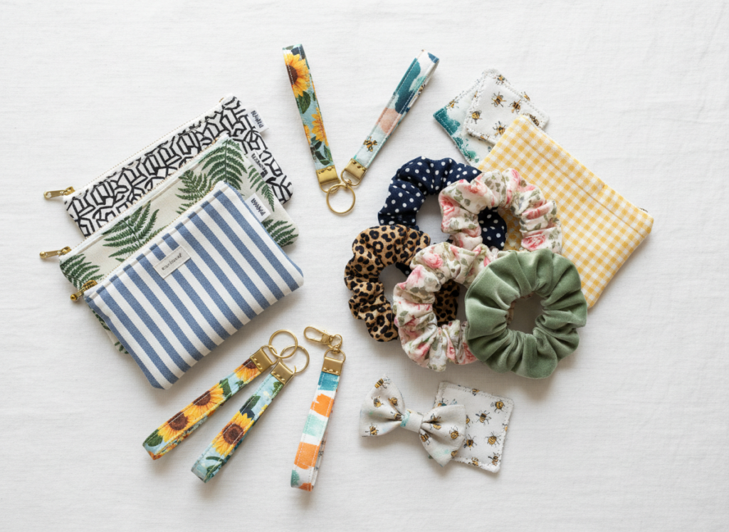 Display of small sewn items including scrunchies, pouches, and fabric accessories