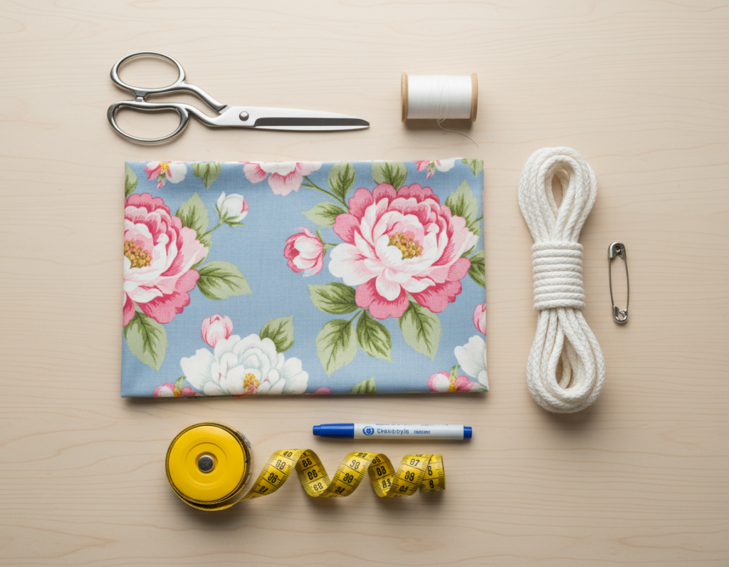 Drawstring bag materials including fabric, cord, and sewing supplies arranged for project