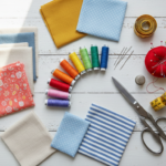 Easy hand sewing projects for beginners workspace with colorful fabric, thread, and basic sewing supplies