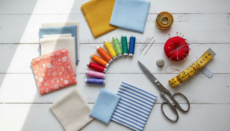Easy hand sewing projects for beginners workspace with colorful fabric, thread, and basic sewing supplies