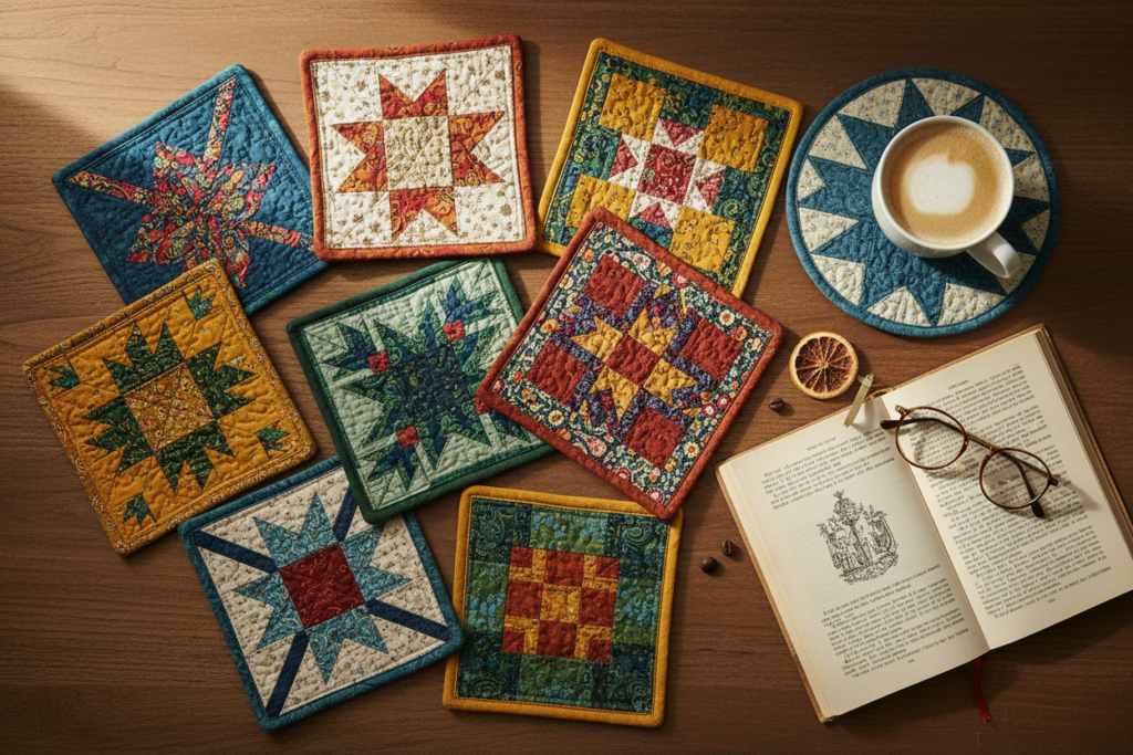 Fabric coasters and mug rugs made from scrap fabrics