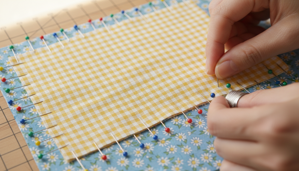 Fabric pieces pinned together showing proper pinning technique