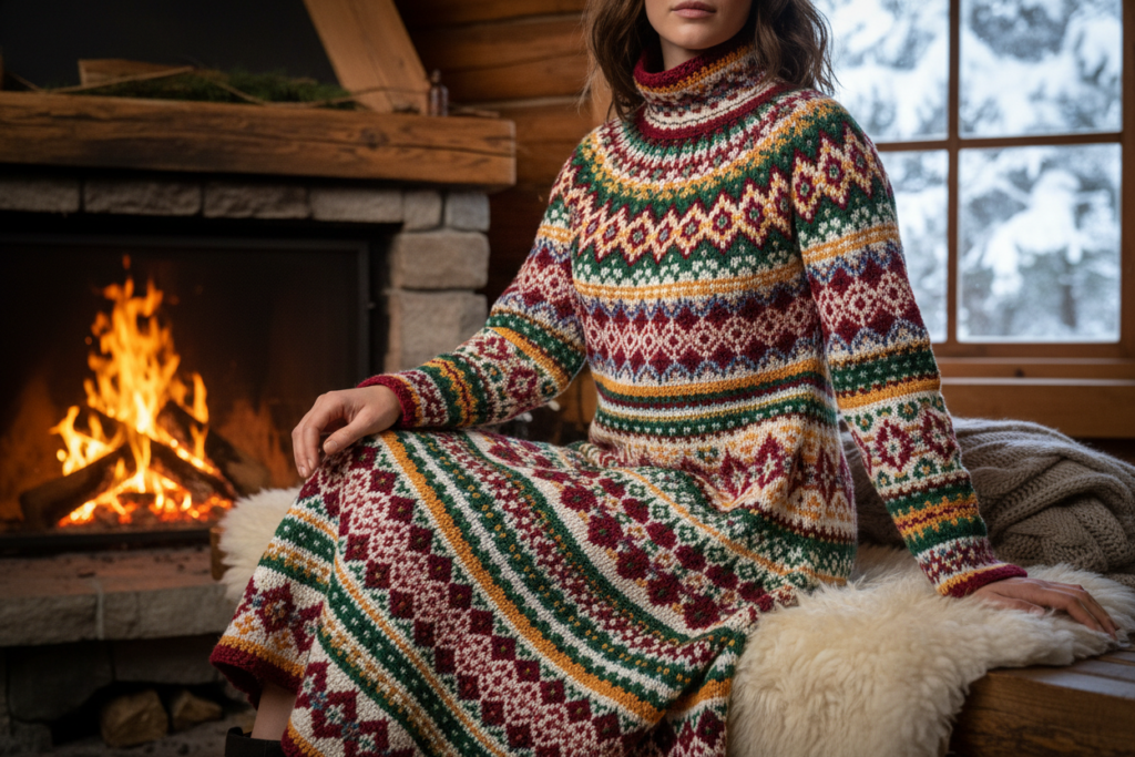 Fair isle pattern crochet dress with traditional Nordic motifs