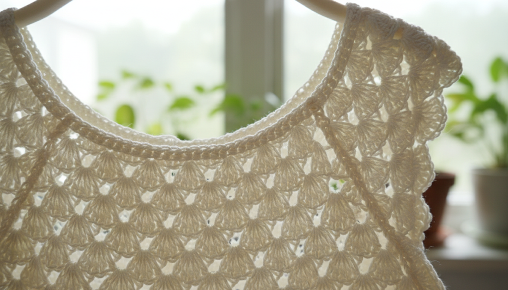 Finished crochet dress showing professional neckline and armhole finishing