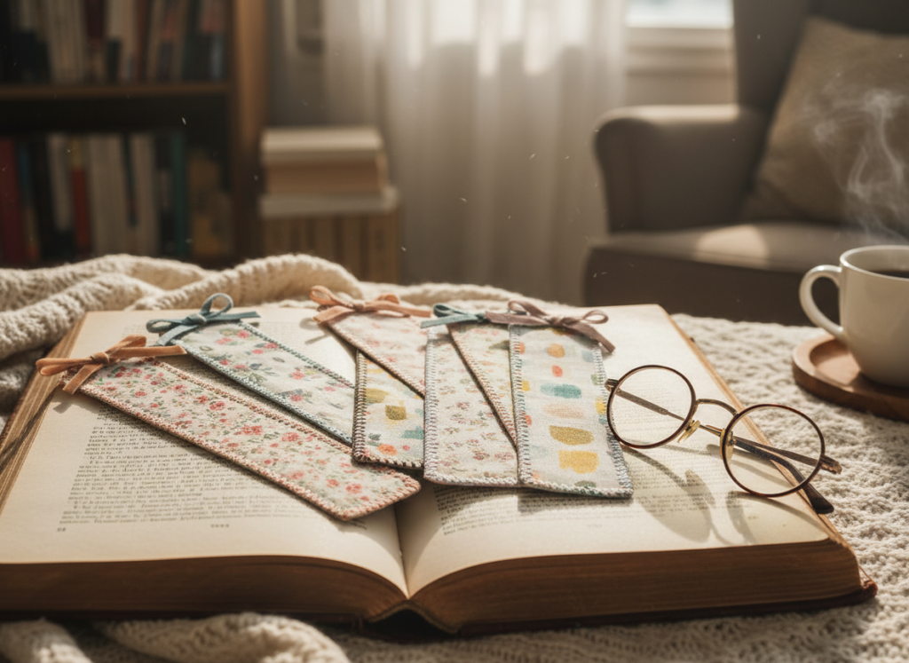 Finished fabric bookmark with decorative stitching and ribbon accent