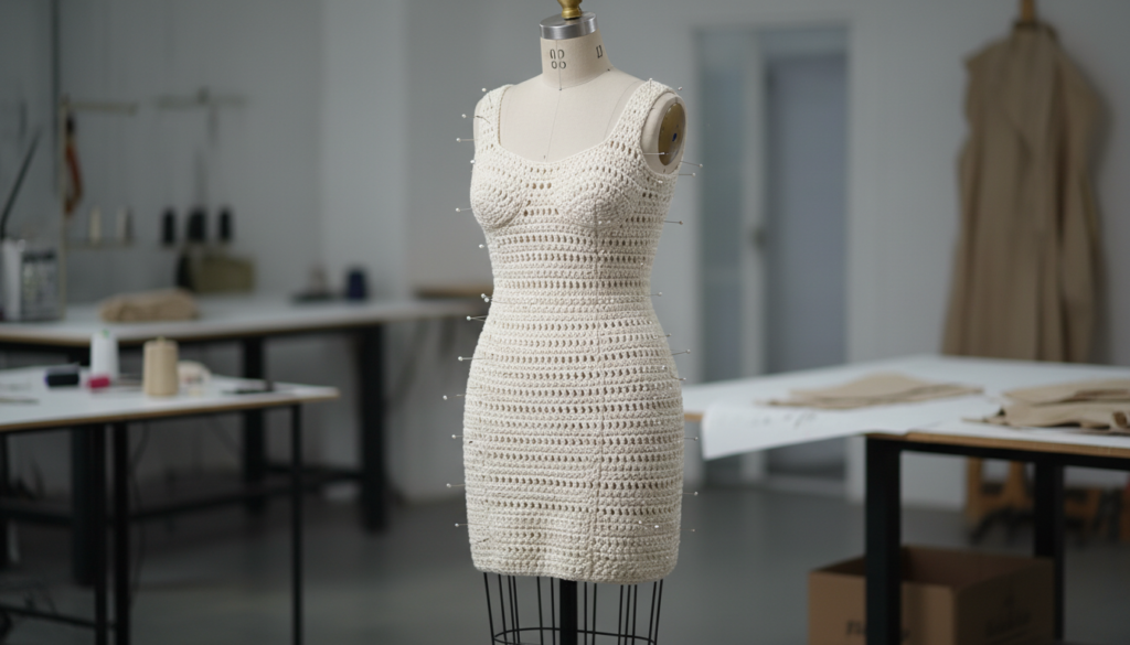 Fitted crochet dress on dress form showing detailed shaping and darts