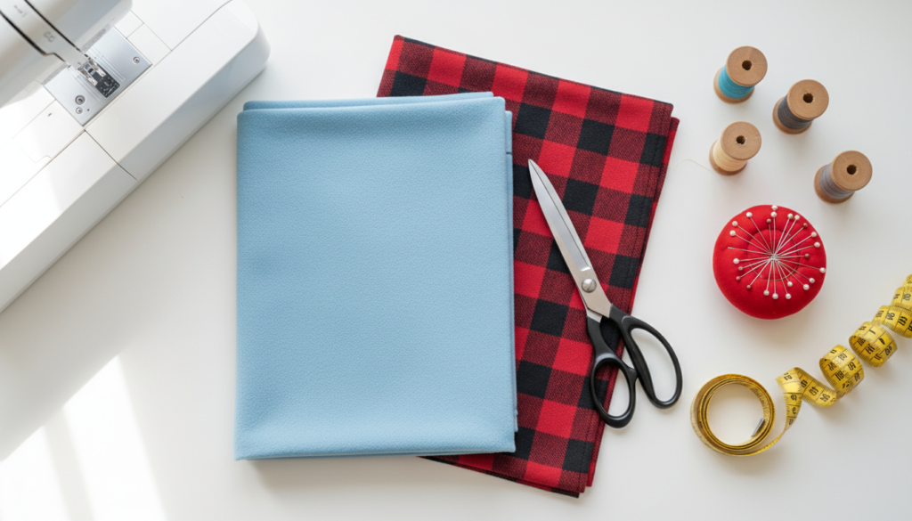 Flat lay of all materials needed for sewing a neck cowl