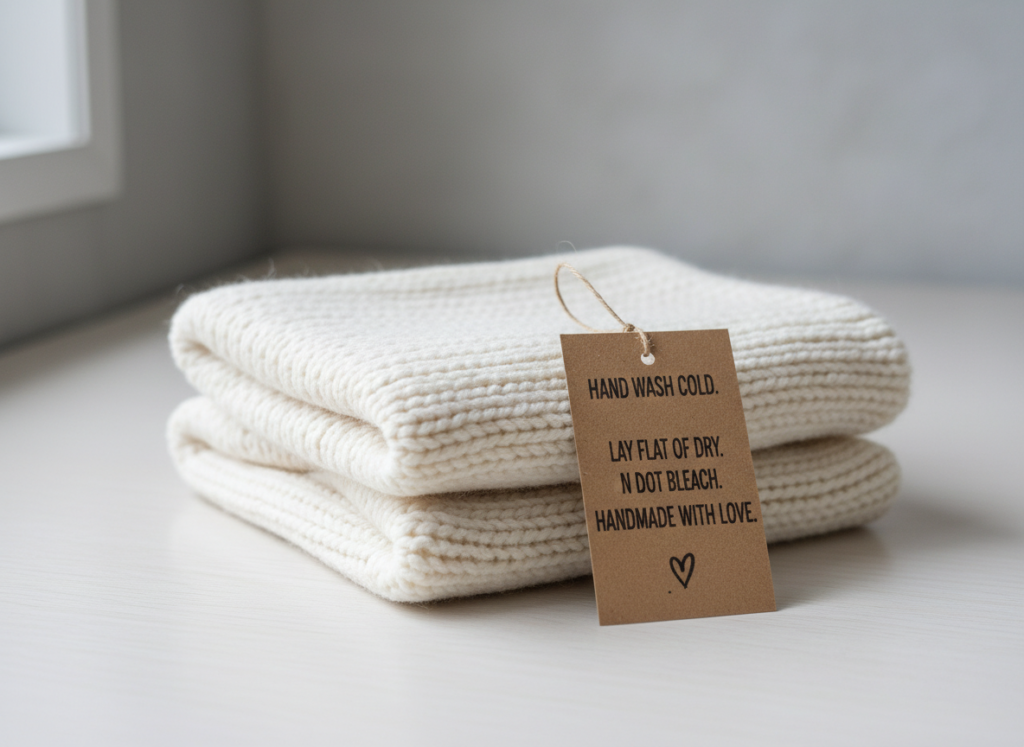 Folded neck cowl with care instruction tag