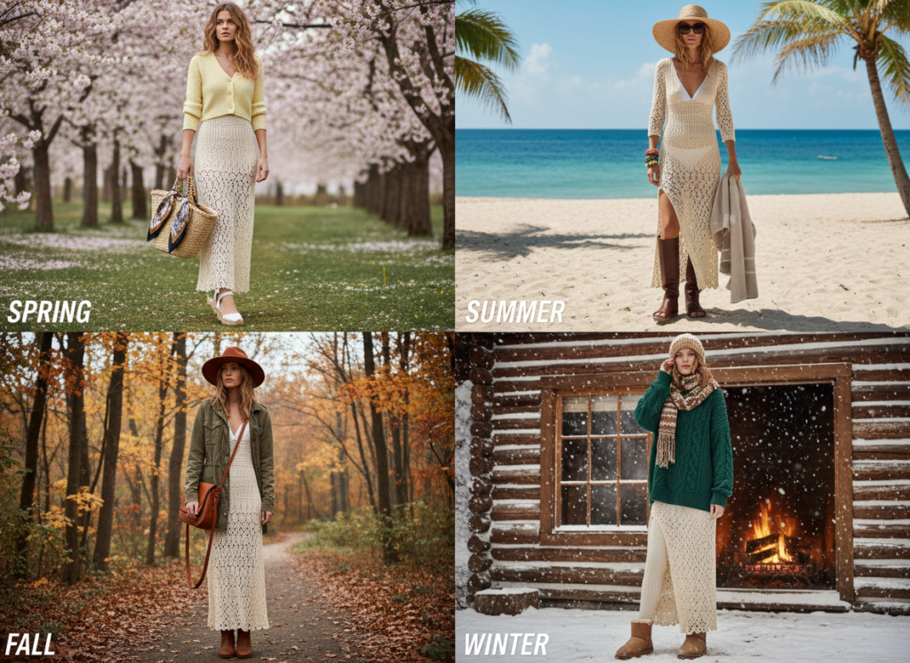 Four season styling of same crochet dress with different accessories