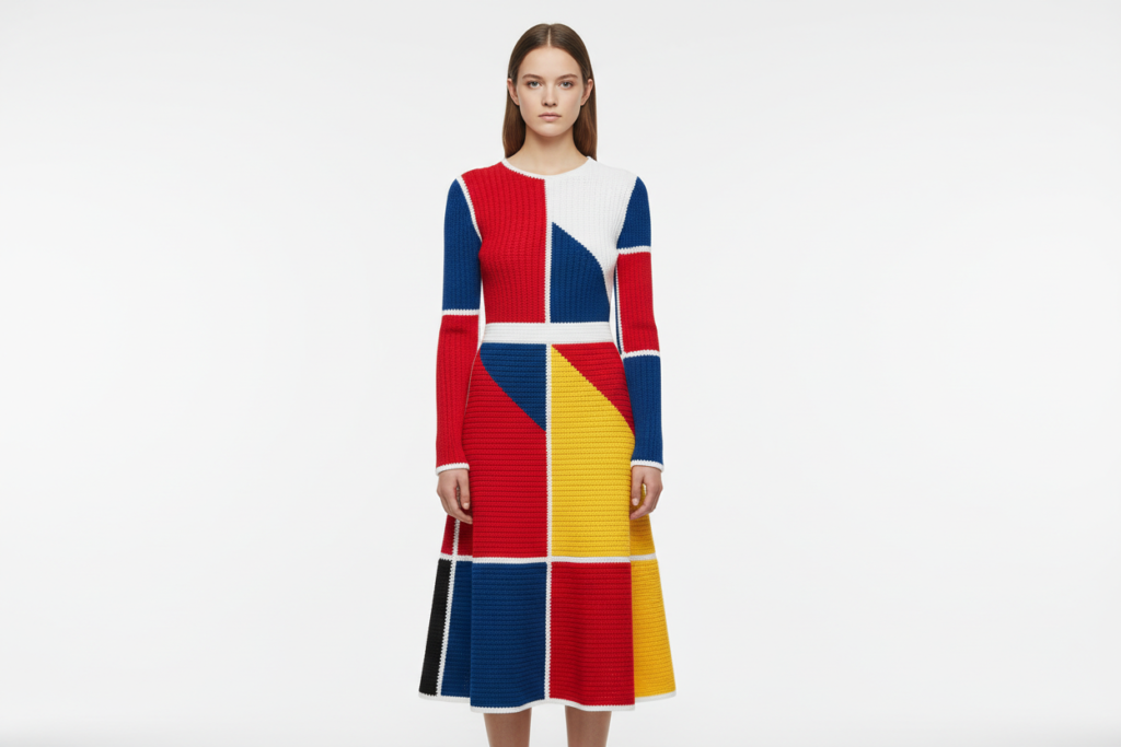Geometric color block crochet dress in bold primary colors