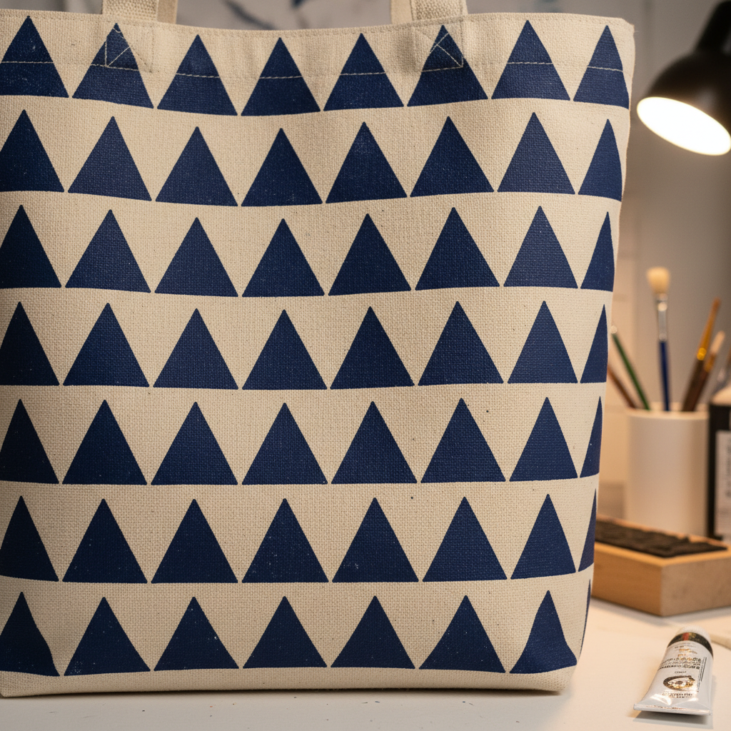 Geometric stamped pattern on canvas tote bag in navy blue