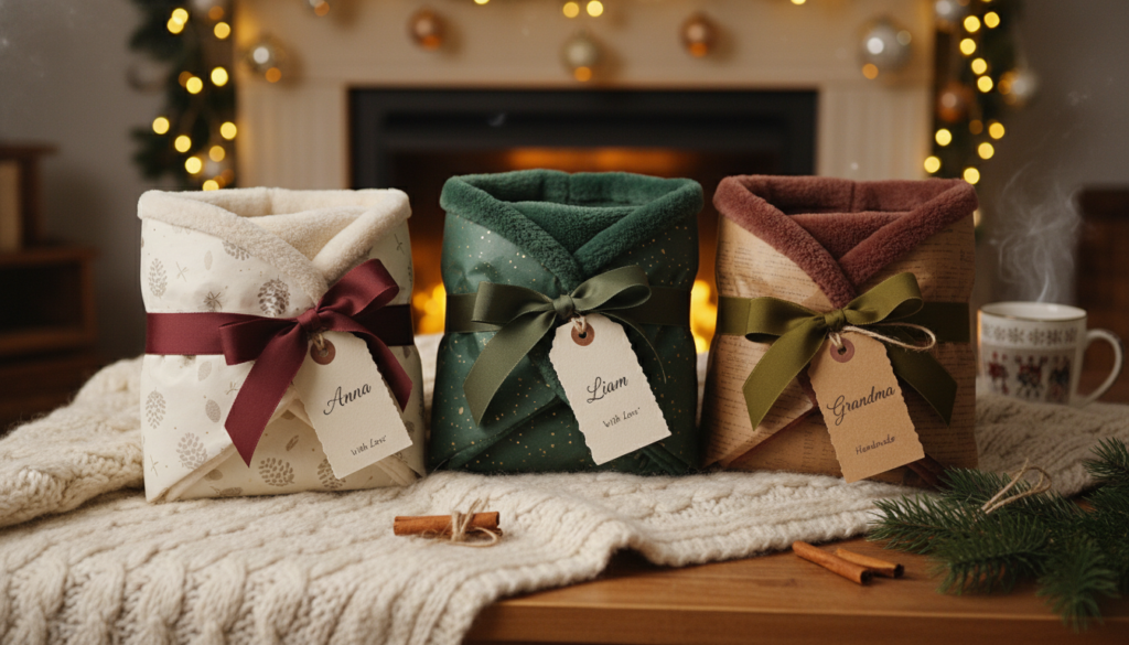 Gift-wrapped handmade neck cowls with ribbons and tags