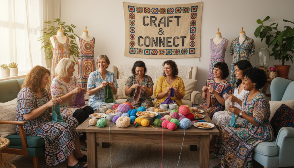 Group of women at crochet meetup sharing projects and techniques