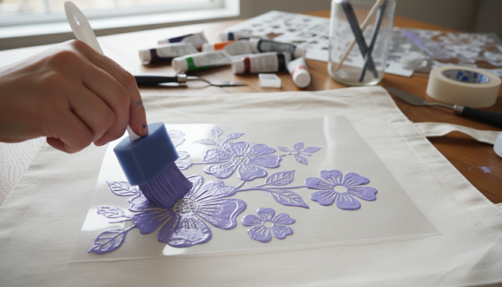 Hand applying paint through a floral stencil onto a white canvas tote bag