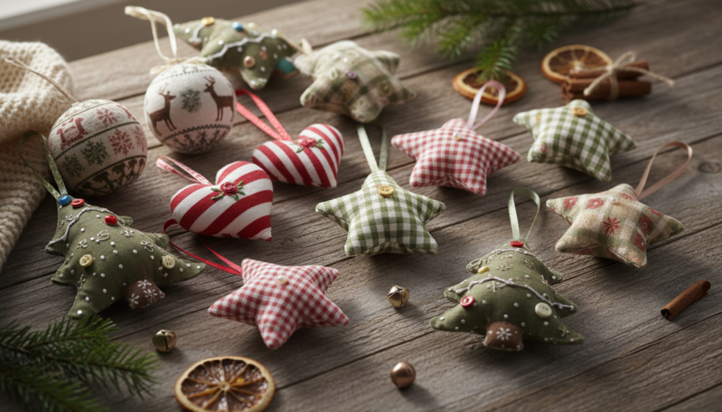 Hand-sewn seasonal ornaments and decorative items