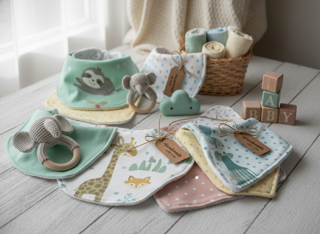 Handmade baby bibs and burp cloths with cute patterns