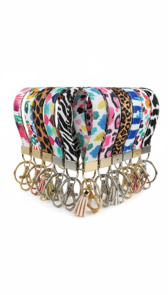 Handmade fabric keychain wristlets in various patterns