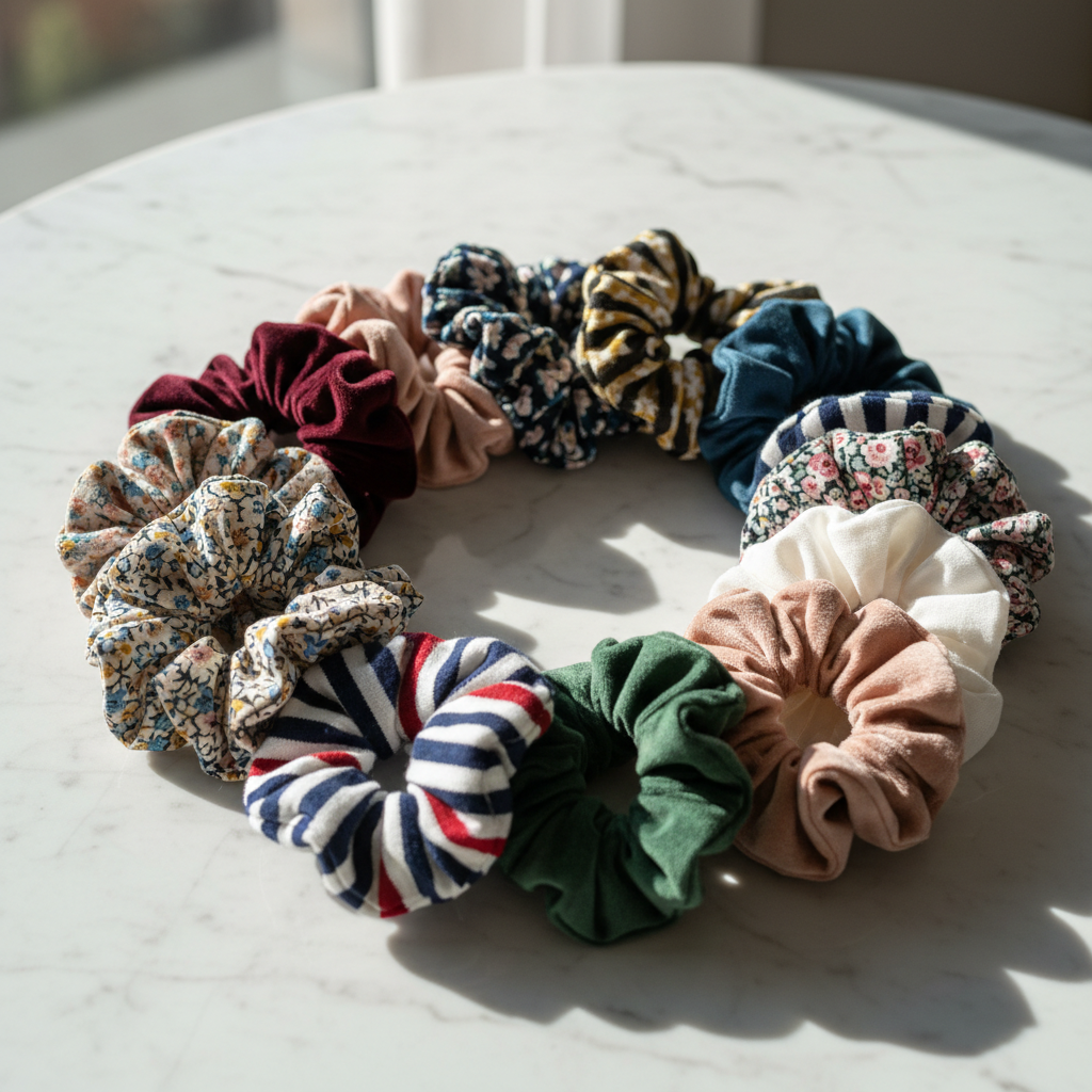 Handmade fabric scrunchies in various colorful patterns