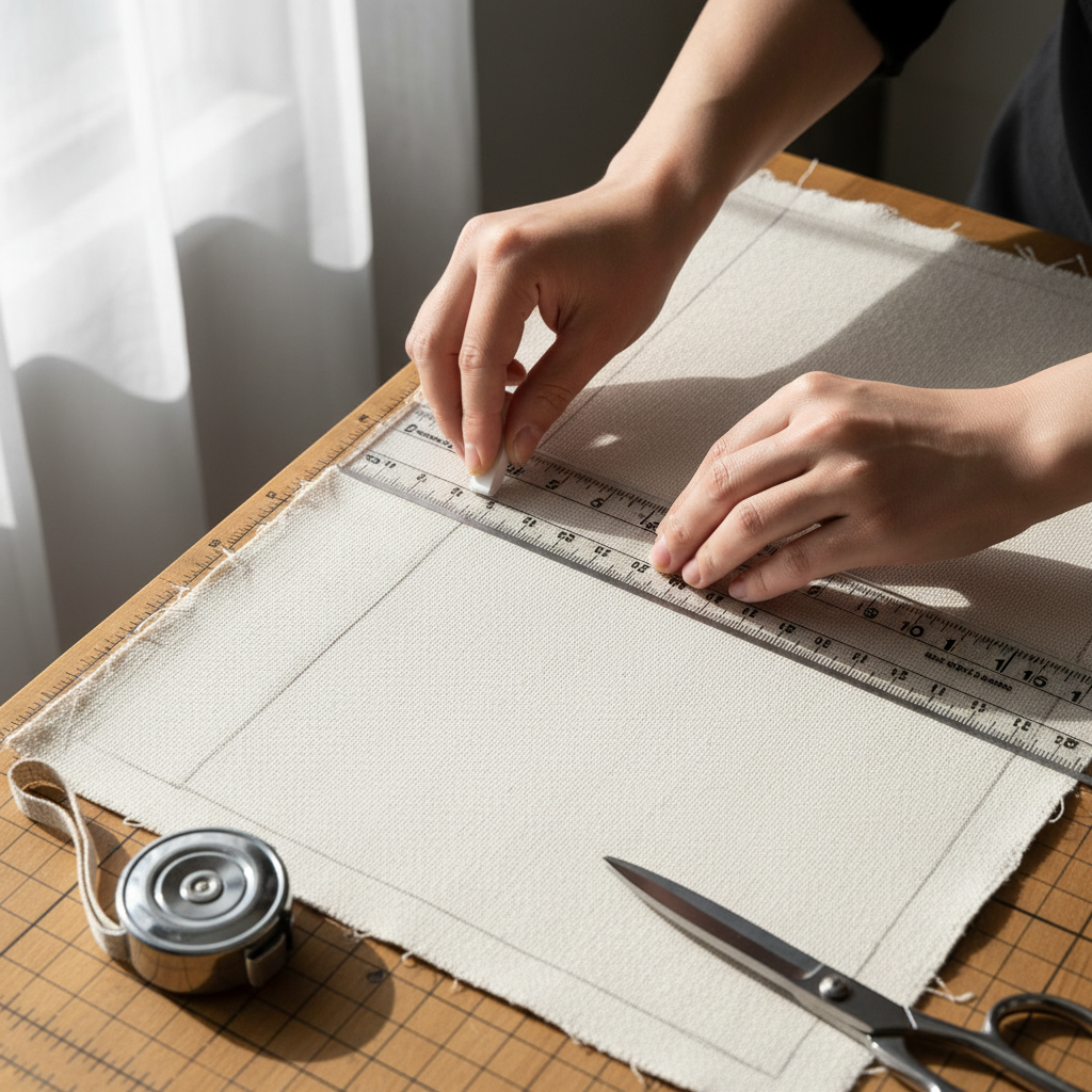 Hands marking fabric with chalk and ruler for precise pattern cutting