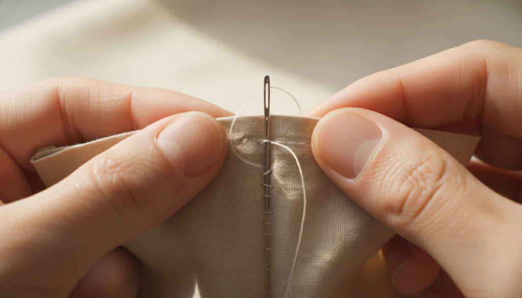 Hands performing ladder stitch to close opening
